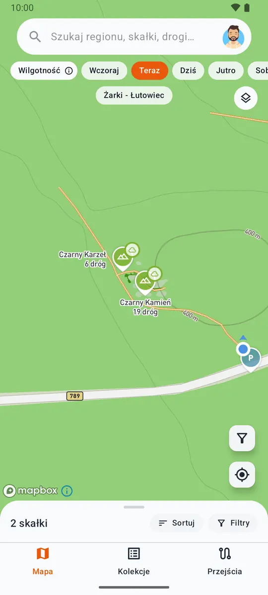 Mapa w aplikacji Skałki z lokalizacją GPS na parkingu i dojściem do skał Czarny Kamień i Czarny Karzeł