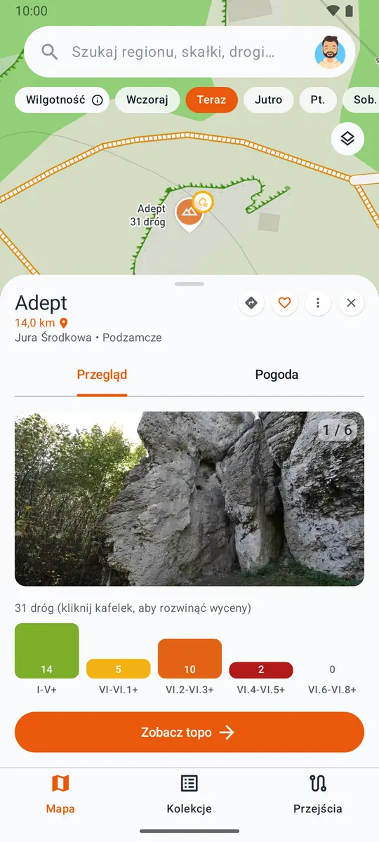 Skałka Adept w Podzamczu w aplikacji Skałki: 31 dróg, a pod zdjęciem liczba dróg w przedziałach wycen od I-V+ do VI.6-VI.8+