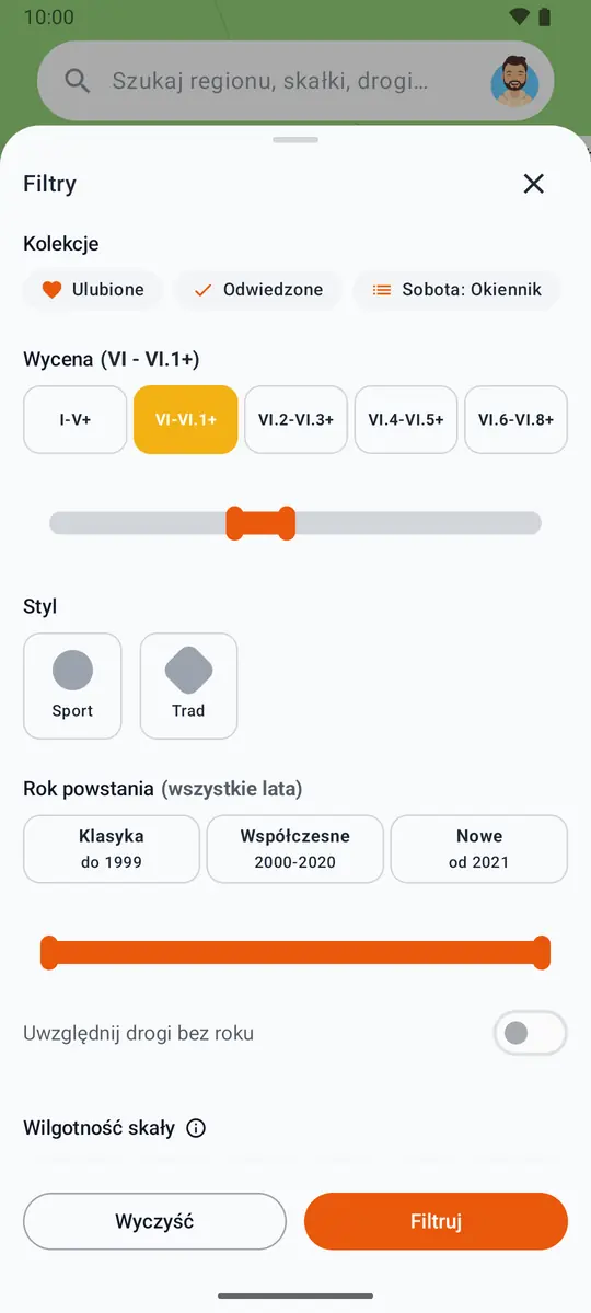Filtry w aplikacji Skałki: kolekcje, przedział wycen od VI do VI.1+, styl i rok powstania dróg