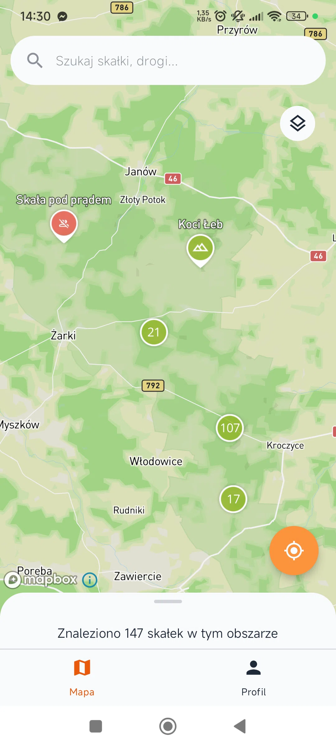 Mapa GPS ze skałkami wspinaczkowymi w aplikacji Skałki