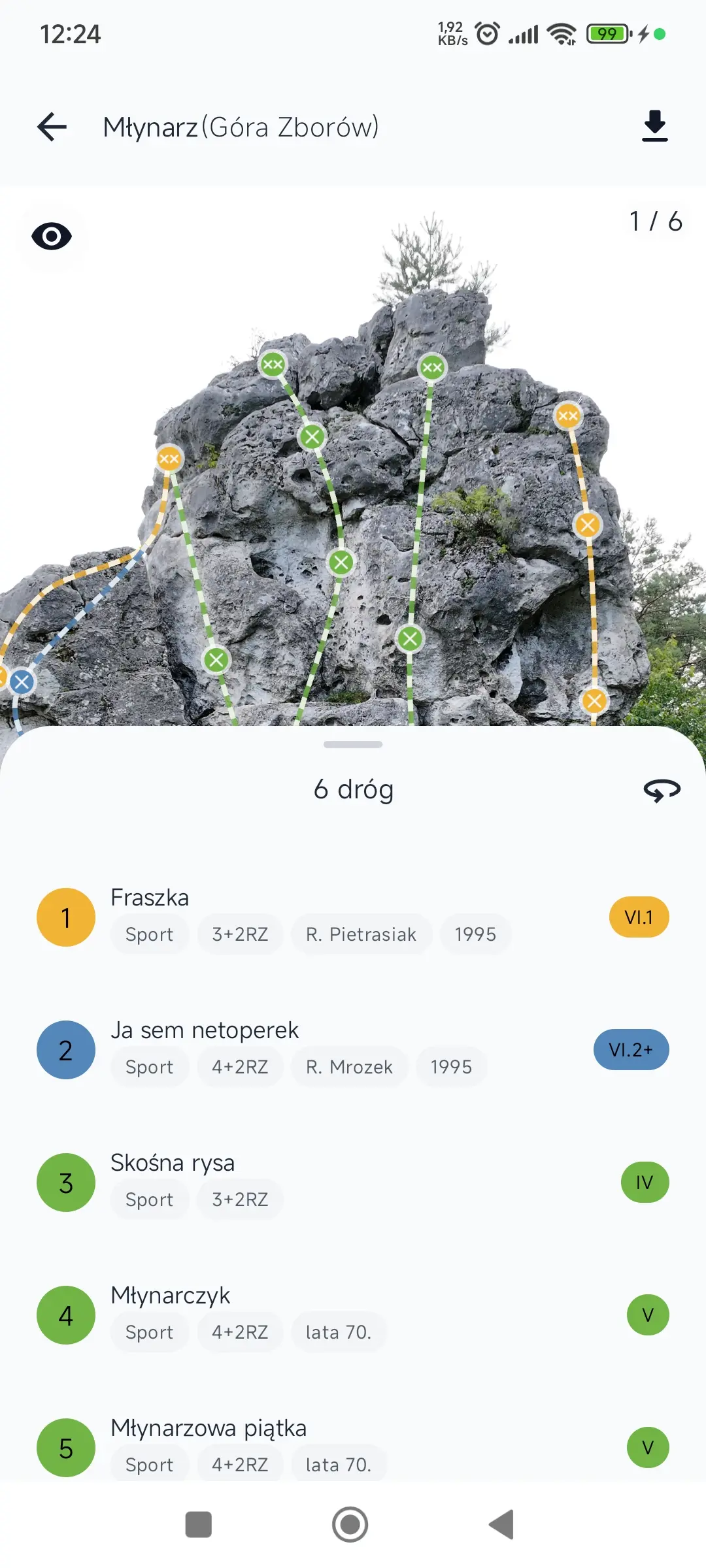 Topo ze zdjęciem skałki i oznaczonymi drogami wspinaczkowymi
