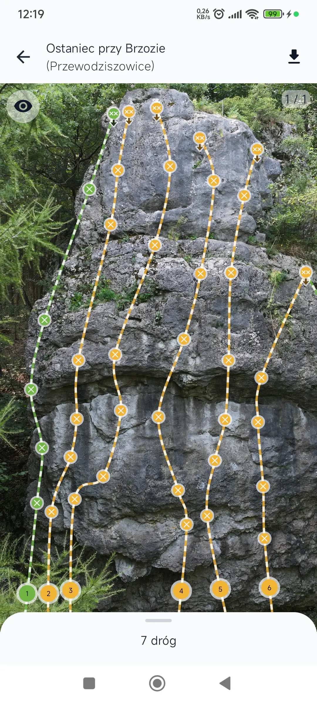 Topo skałki - zdjęcie z oznaczonymi drogami wspinaczkowymi