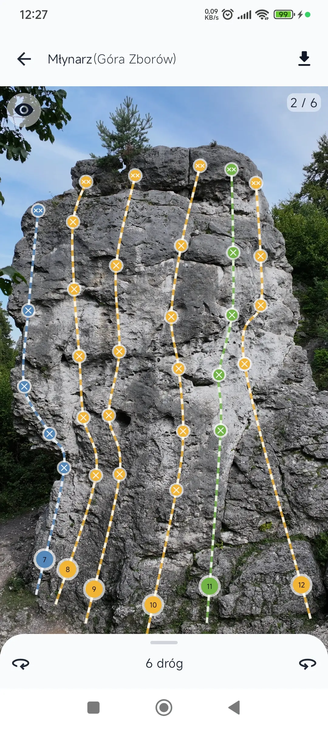 Szczegóły drogi wspinaczkowej z punktami asekuracyjnymi