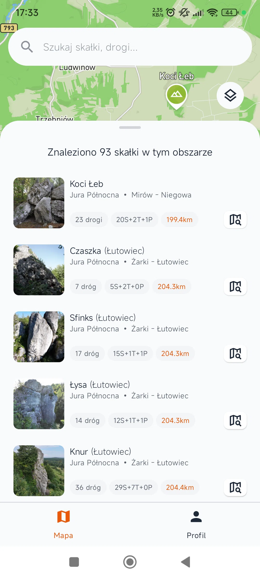 Wyszukiwanie skałek i dróg wspinaczkowych w aplikacji Skałki